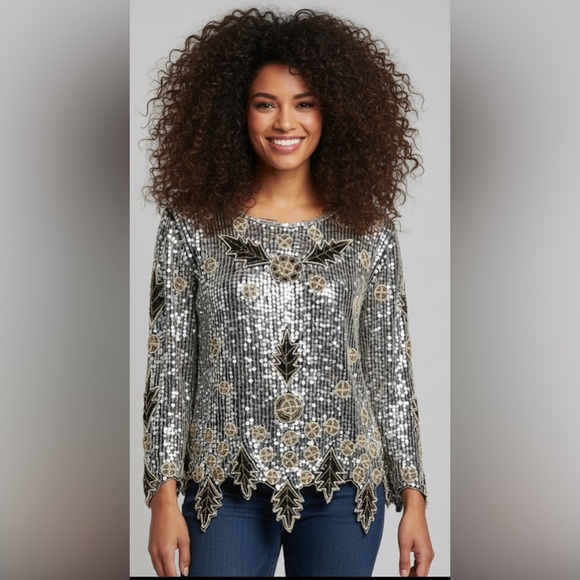 Vintage Tops - VINTAGE 80s Unbranded Black Silver Sequined Beaded Leaf Design Silk Lined Top M